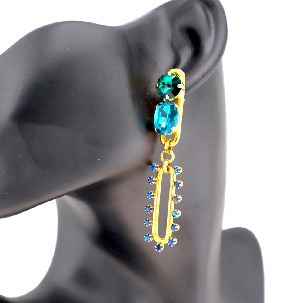 Elizabeth Cole Cassidy Crystal Drop Earrings‎ Blue Green Gold Statement